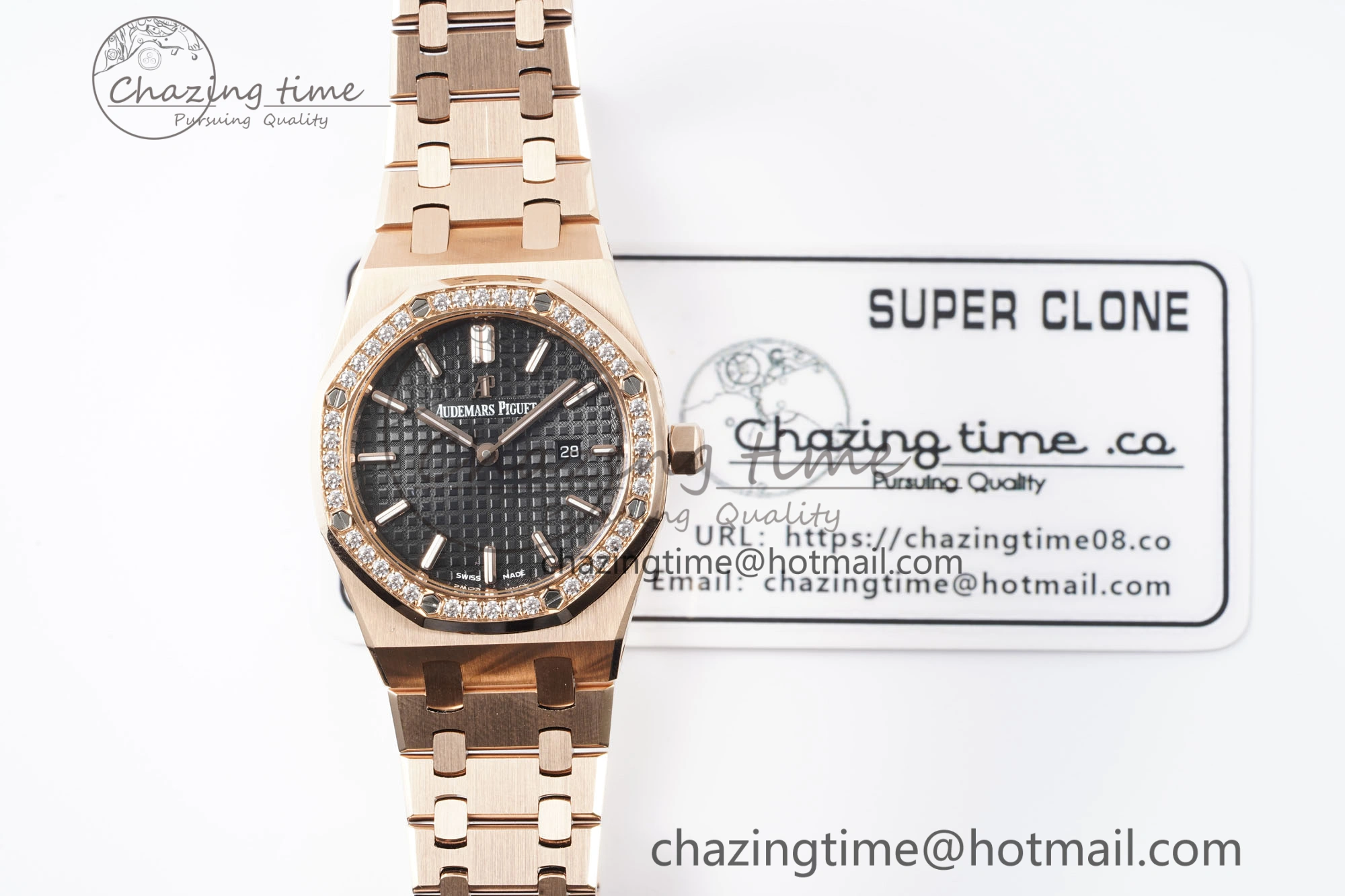 Sporty Lady Royal Oak 33mm RG Diamonds Bezel JJF 1:1 Best Edition Black Dial on RG Bracelet ETA Quartz 4635