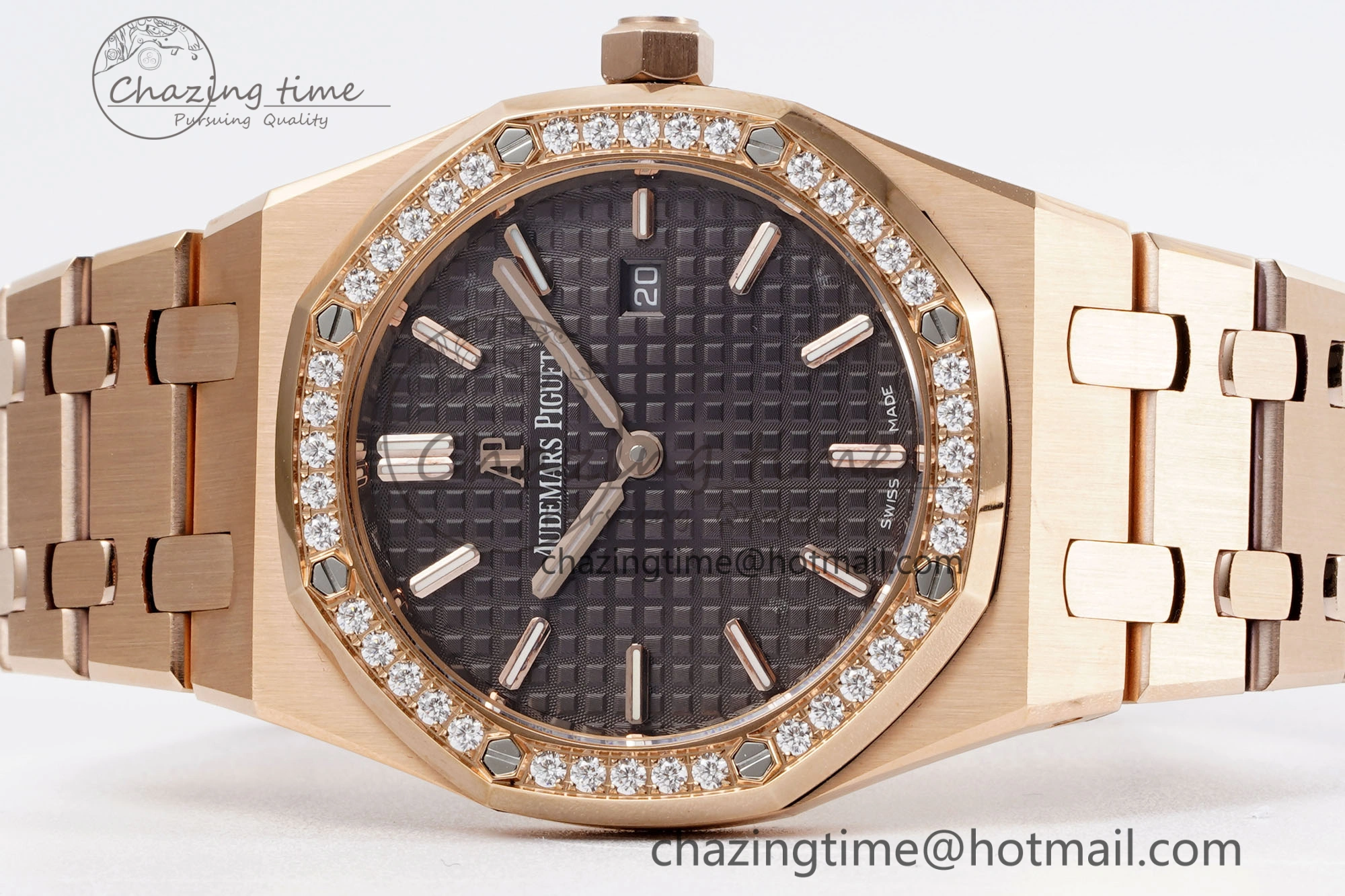 Lady Royal Oak 33mm RG Diamonds Bezel JJF 1:1 Best Edition Brown Dial on RG Bracelet ETA Quartz Versatile 4633