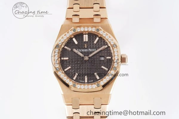 Lady Royal Oak 33mm RG Diamonds Bezel JJF 1:1 Best Edition Brown Dial on RG Bracelet ETA Quartz Versatile 4633