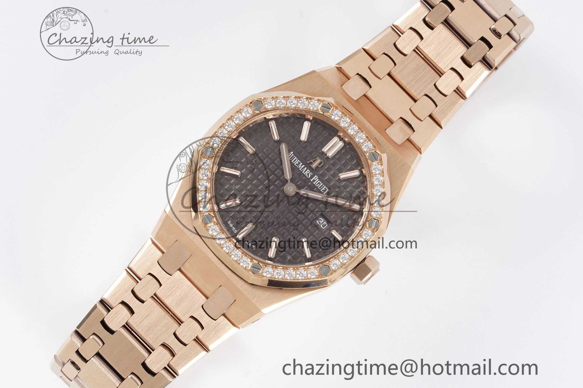 Lady Royal Oak 33mm RG Diamonds Bezel JJF 1:1 Best Edition Brown Dial on RG Bracelet ETA Quartz Versatile 4633