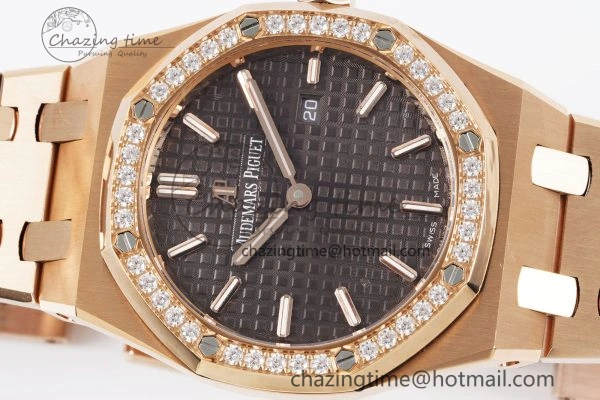 Lady Royal Oak 33mm RG Diamonds Bezel JJF 1:1 Best Edition Brown Dial on RG Bracelet ETA Quartz Versatile 4633