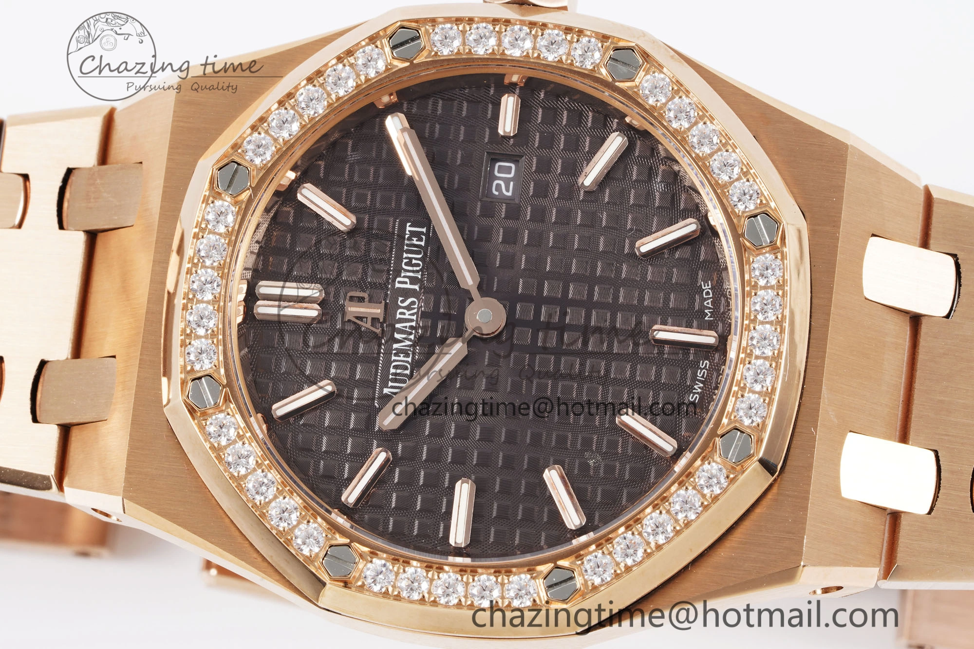 Lady Royal Oak 33mm RG Diamonds Bezel JJF 1:1 Best Edition Brown Dial on RG Bracelet ETA Quartz Versatile 4633