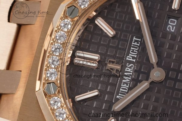 Lady Royal Oak 33mm RG Diamonds Bezel JJF 1:1 Best Edition Brown Dial on RG Bracelet ETA Quartz Versatile 4633