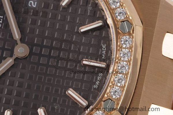 Lady Royal Oak 33mm RG Diamonds Bezel JJF 1:1 Best Edition Brown Dial on RG Bracelet ETA Quartz Versatile 4633