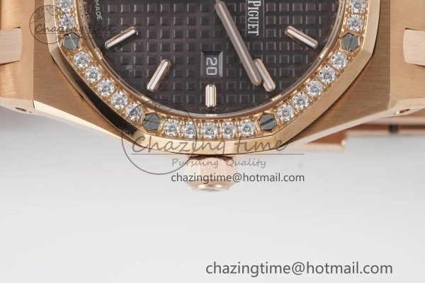 Lady Royal Oak 33mm RG Diamonds Bezel JJF 1:1 Best Edition Brown Dial on RG Bracelet ETA Quartz Versatile 4633