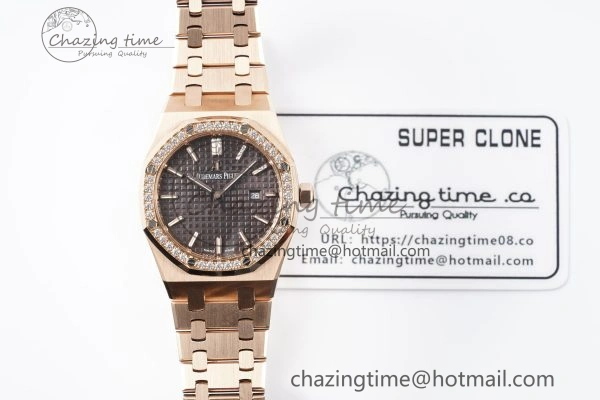 Lady Royal Oak 33mm RG Diamonds Bezel JJF 1:1 Best Edition Brown Dial on RG Bracelet ETA Quartz Versatile 4633