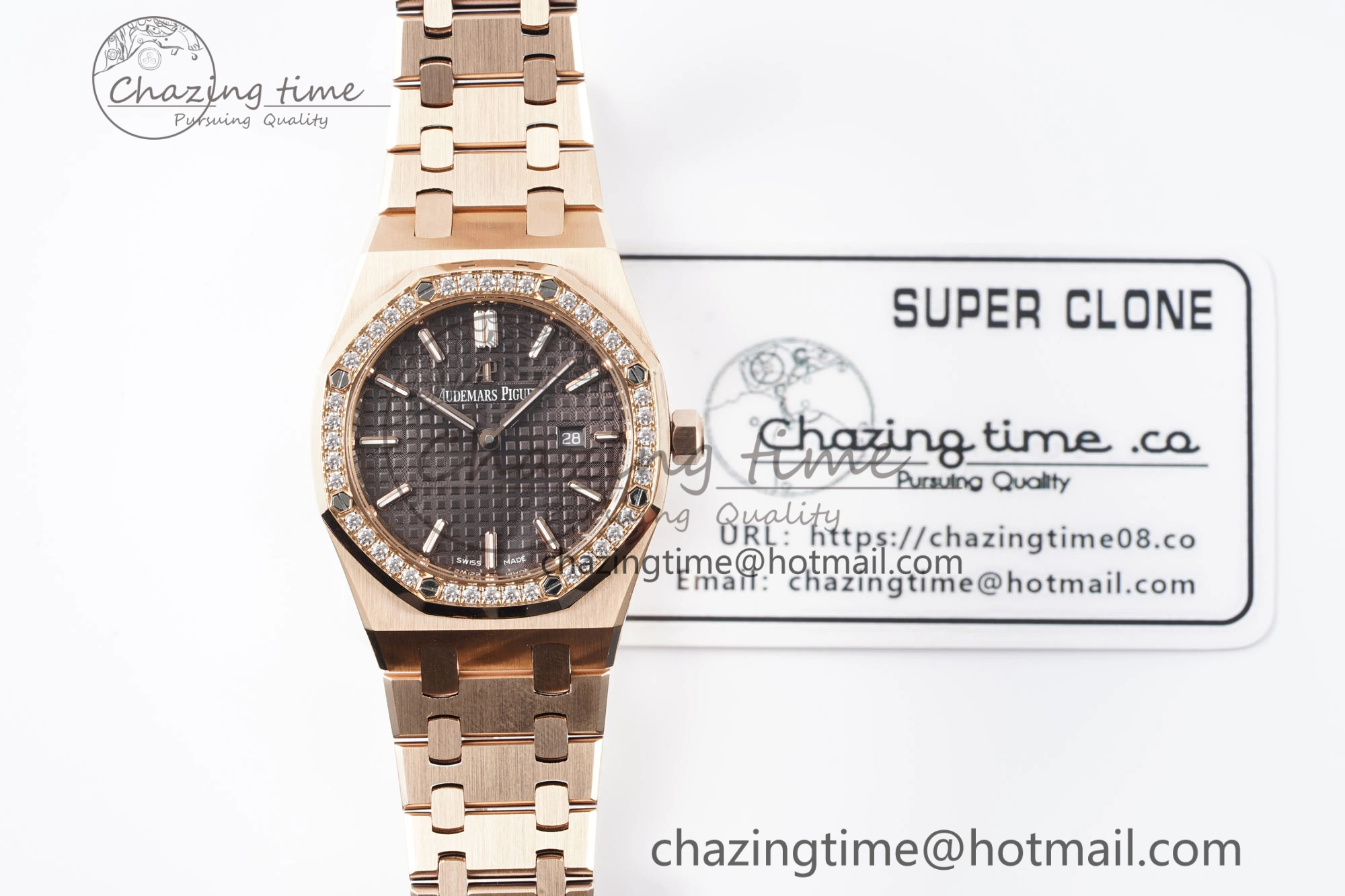 Lady Royal Oak 33mm RG Diamonds Bezel JJF 1:1 Best Edition Brown Dial on RG Bracelet ETA Quartz Versatile 4633