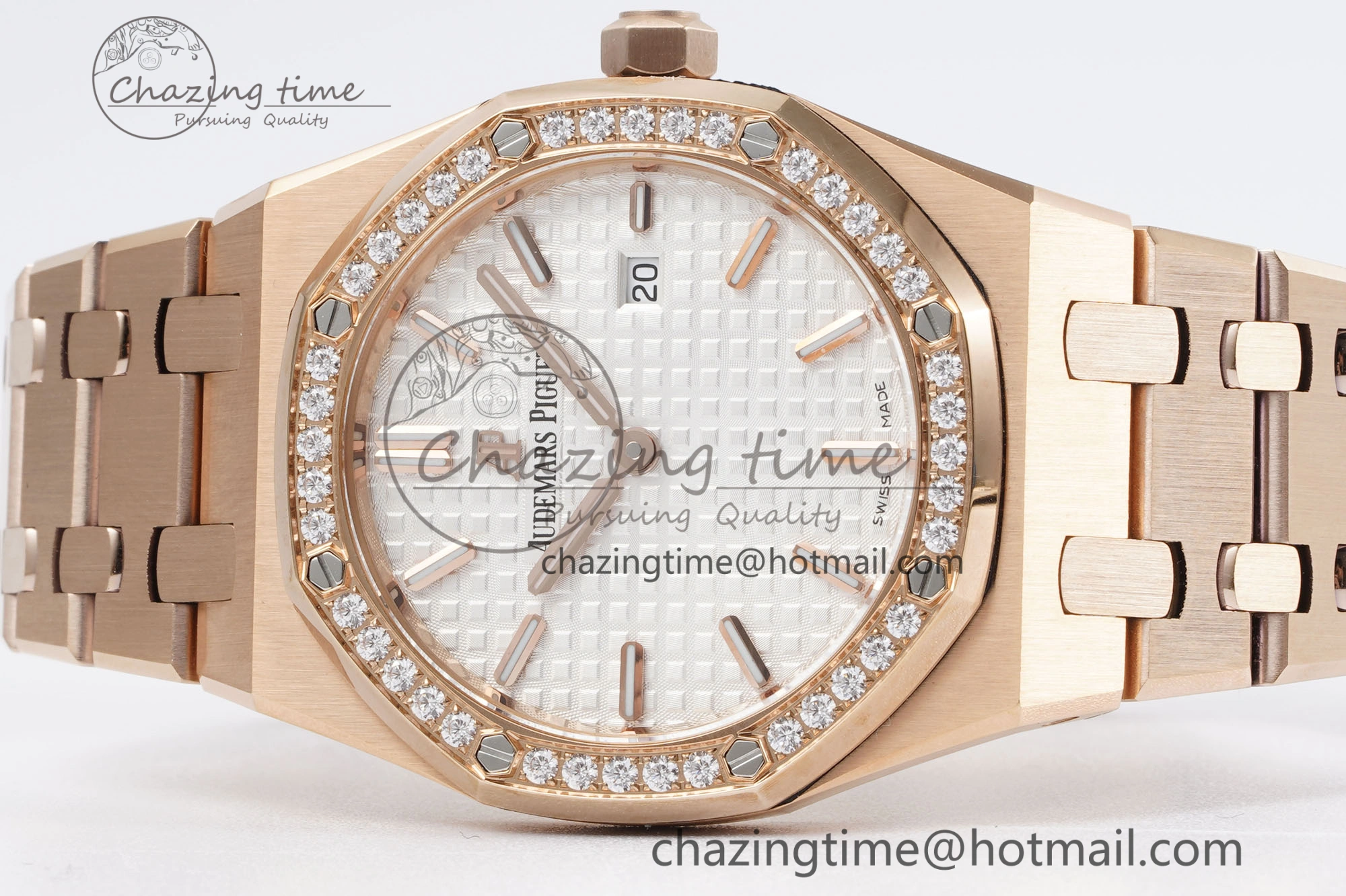 Lady Royal Oak 33mm RG Diamonds Bezel JJF 1:1 Best Edition White Dial on RG Bracelet ETA Quartz Attractive 10141