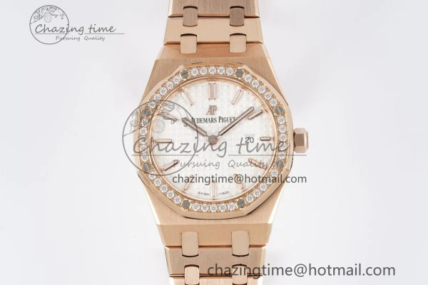 Lady Royal Oak 33mm RG Diamonds Bezel JJF 1:1 Best Edition White Dial on RG Bracelet ETA Quartz Attractive 10141