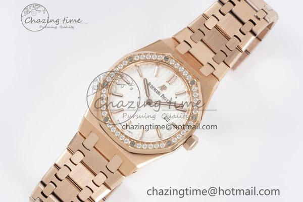 Lady Royal Oak 33mm RG Diamonds Bezel JJF 1:1 Best Edition White Dial on RG Bracelet ETA Quartz Attractive 10141
