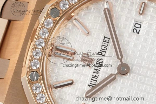 Lady Royal Oak 33mm RG Diamonds Bezel JJF 1:1 Best Edition White Dial on RG Bracelet ETA Quartz Attractive 10141