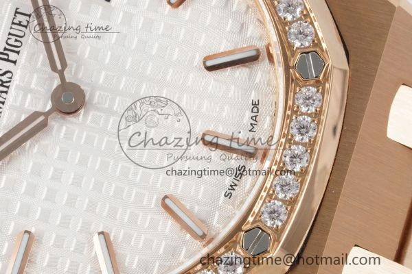 Lady Royal Oak 33mm RG Diamonds Bezel JJF 1:1 Best Edition White Dial on RG Bracelet ETA Quartz Attractive 10141
