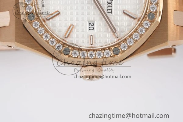 Lady Royal Oak 33mm RG Diamonds Bezel JJF 1:1 Best Edition White Dial on RG Bracelet ETA Quartz Attractive 10141