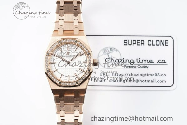 Lady Royal Oak 33mm RG Diamonds Bezel JJF 1:1 Best Edition White Dial on RG Bracelet ETA Quartz Attractive 10141