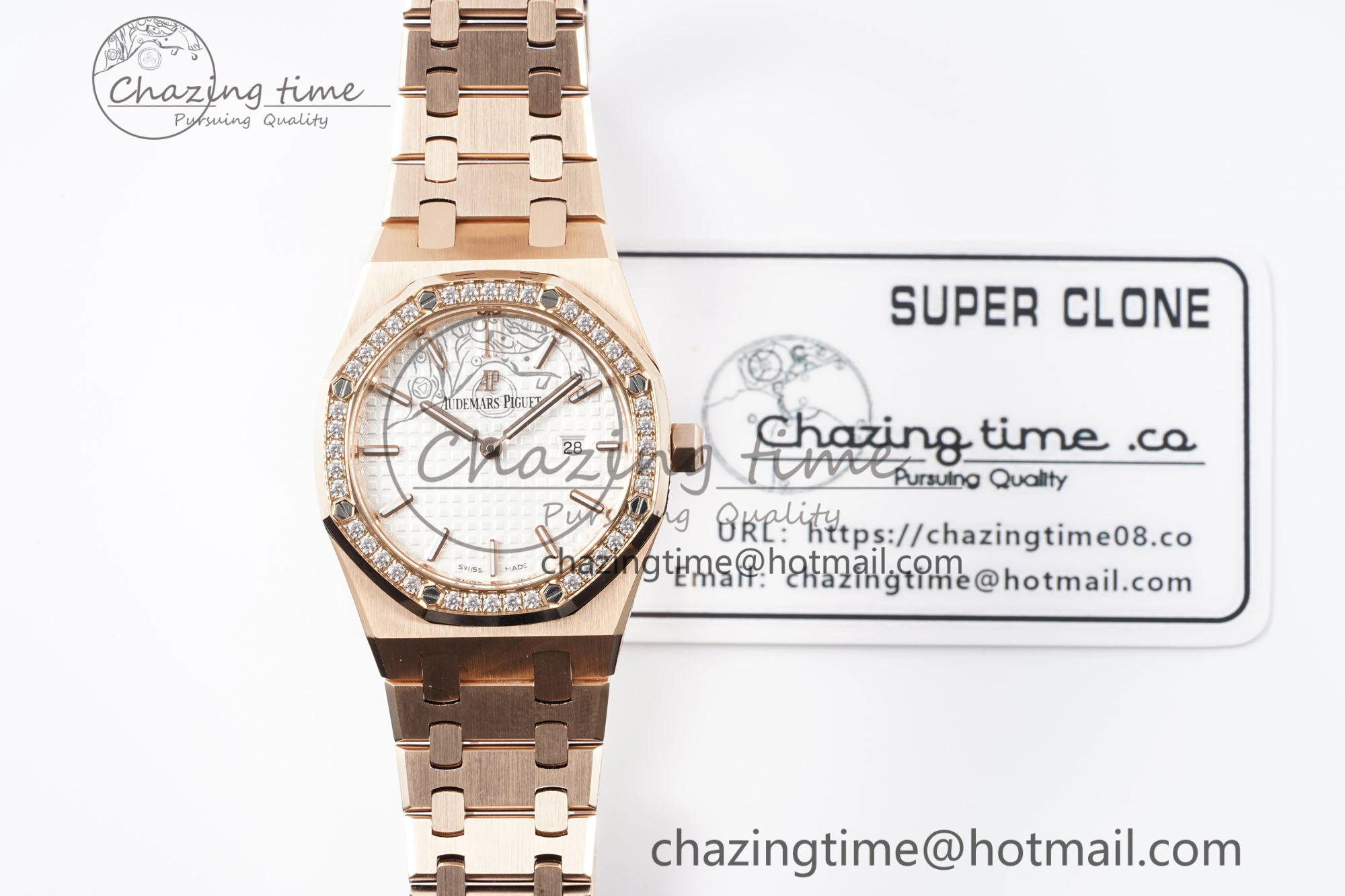 Lady Royal Oak 33mm RG Diamonds Bezel JJF 1:1 Best Edition White Dial on RG Bracelet ETA Quartz Attractive 10141