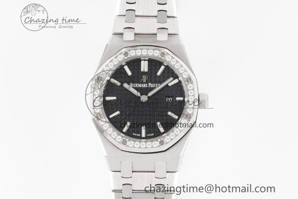 Lady Royal Oak 33mm SS Diamonds Bezel JJF 1:1 Best Edition Black Dial on SS Bracelet ETA Quartz TimelessDesign 10144