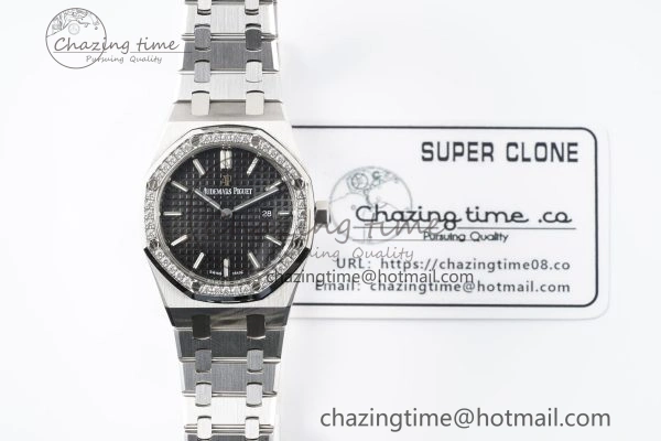 Lady Royal Oak 33mm SS Diamonds Bezel JJF 1:1 Best Edition Black Dial on SS Bracelet ETA Quartz Durable 4639