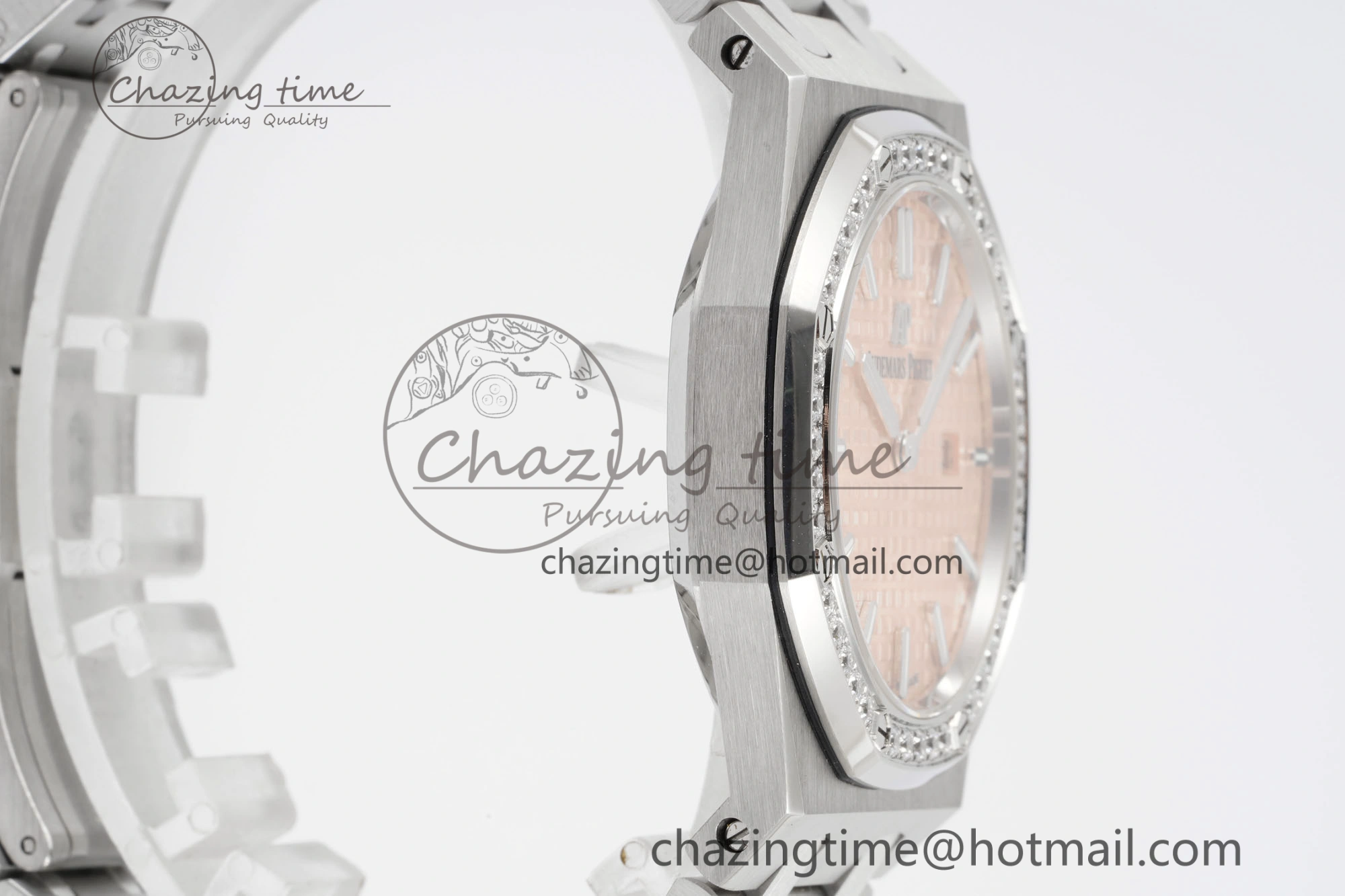Lady Royal Oak 33mm SS Diamonds Bezel JJF 1:1 Best Edition Cream Dial on SS Bracelet ETA Quartz Stretchable 10143