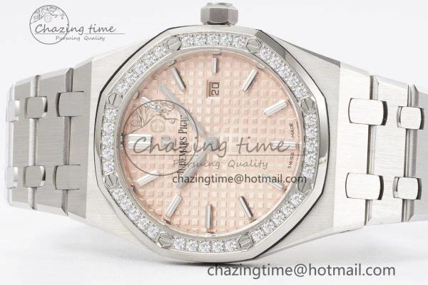 Lady Royal Oak 33mm SS Diamonds Bezel JJF 1:1 Best Edition Cream Dial on SS Bracelet ETA Quartz Stretchable 10143