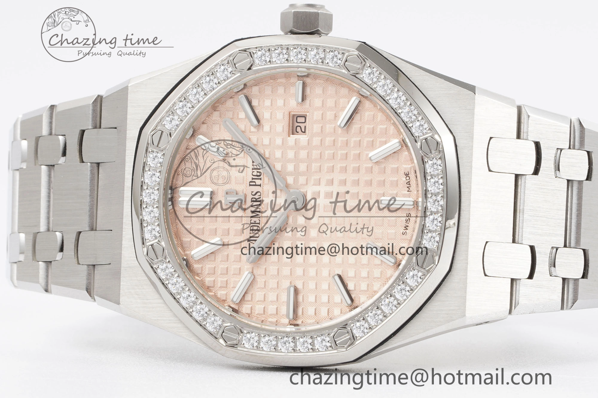 Lady Royal Oak 33mm SS Diamonds Bezel JJF 1:1 Best Edition Cream Dial on SS Bracelet ETA Quartz Stretchable 10143