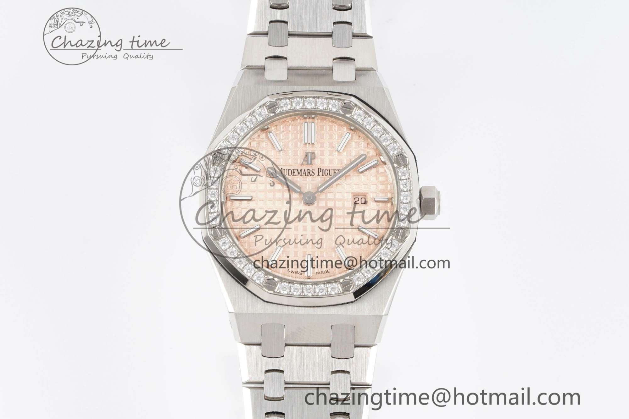 Lady Royal Oak 33mm SS Diamonds Bezel JJF 1:1 Best Edition Cream Dial on SS Bracelet ETA Quartz Stretchable 10143