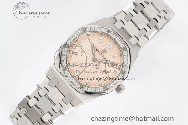 Lady Royal Oak 33mm SS Diamonds Bezel JJF 1:1 Best Edition Cream Dial on SS Bracelet ETA Quartz Stretchable 10143