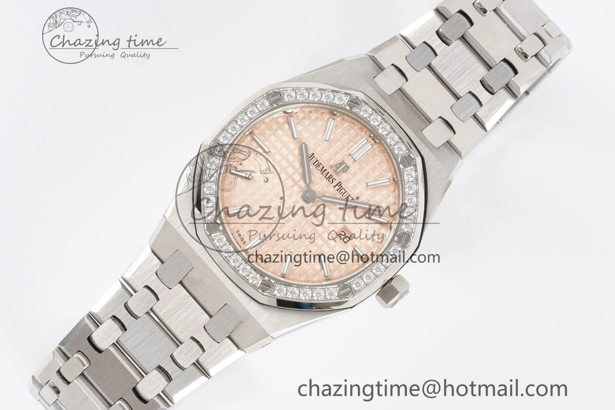 Lady Royal Oak 33mm SS Diamonds Bezel JJF 1:1 Best Edition Cream Dial on SS Bracelet ETA Quartz Stretchable 10143