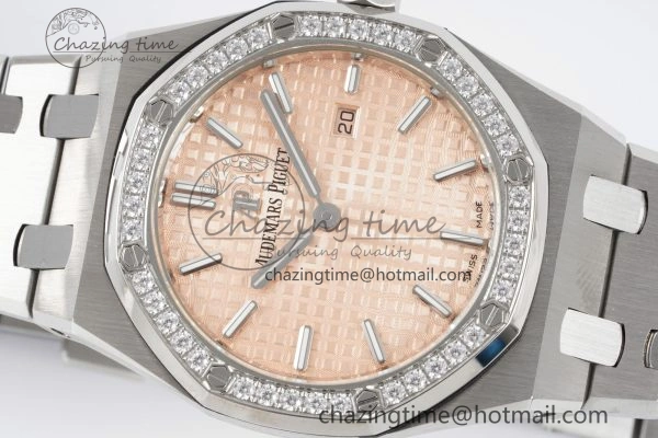 Lady Royal Oak 33mm SS Diamonds Bezel JJF 1:1 Best Edition Cream Dial on SS Bracelet ETA Quartz Stretchable 10143