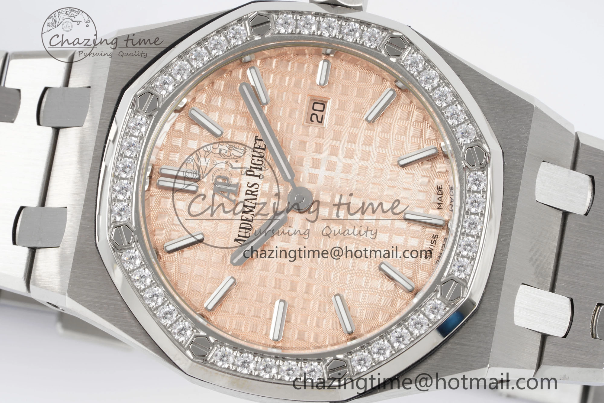 Lady Royal Oak 33mm SS Diamonds Bezel JJF 1:1 Best Edition Cream Dial on SS Bracelet ETA Quartz Stretchable 10143