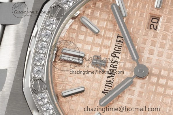 Lady Royal Oak 33mm SS Diamonds Bezel JJF 1:1 Best Edition Cream Dial on SS Bracelet ETA Quartz Stretchable 10143