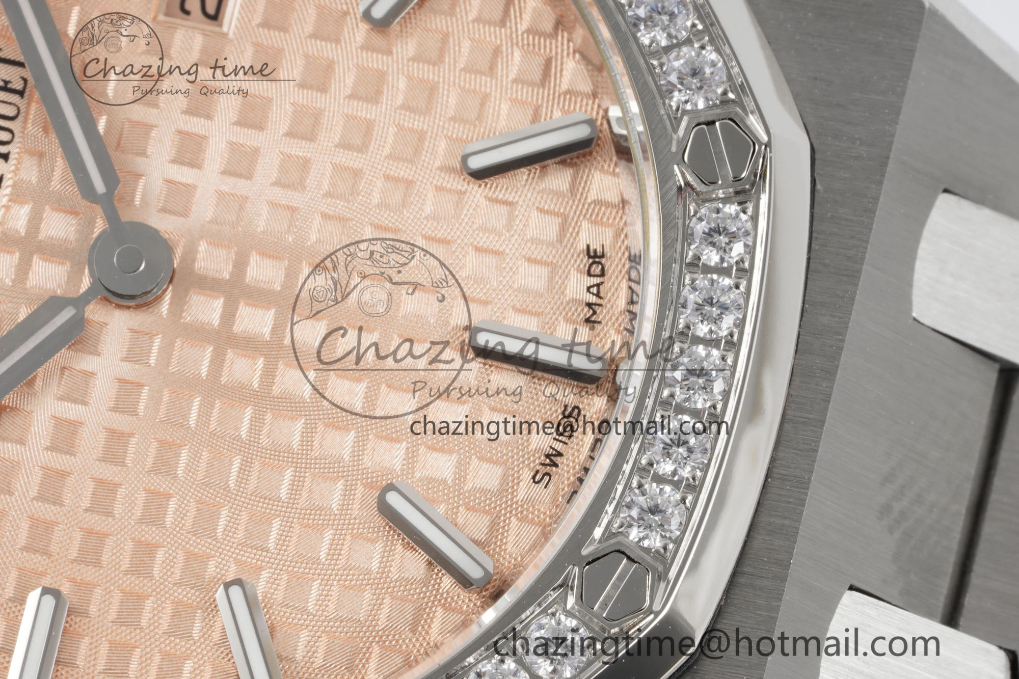 Lady Royal Oak 33mm SS Diamonds Bezel JJF 1:1 Best Edition Cream Dial on SS Bracelet ETA Quartz Stretchable 10143