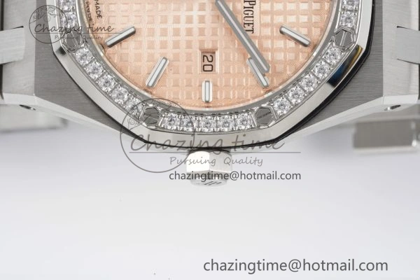 Lady Royal Oak 33mm SS Diamonds Bezel JJF 1:1 Best Edition Cream Dial on SS Bracelet ETA Quartz Stretchable 10143