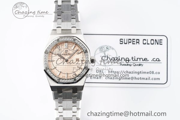 Lady Royal Oak 33mm SS Diamonds Bezel JJF 1:1 Best Edition Cream Dial on SS Bracelet ETA Quartz Stretchable 10143