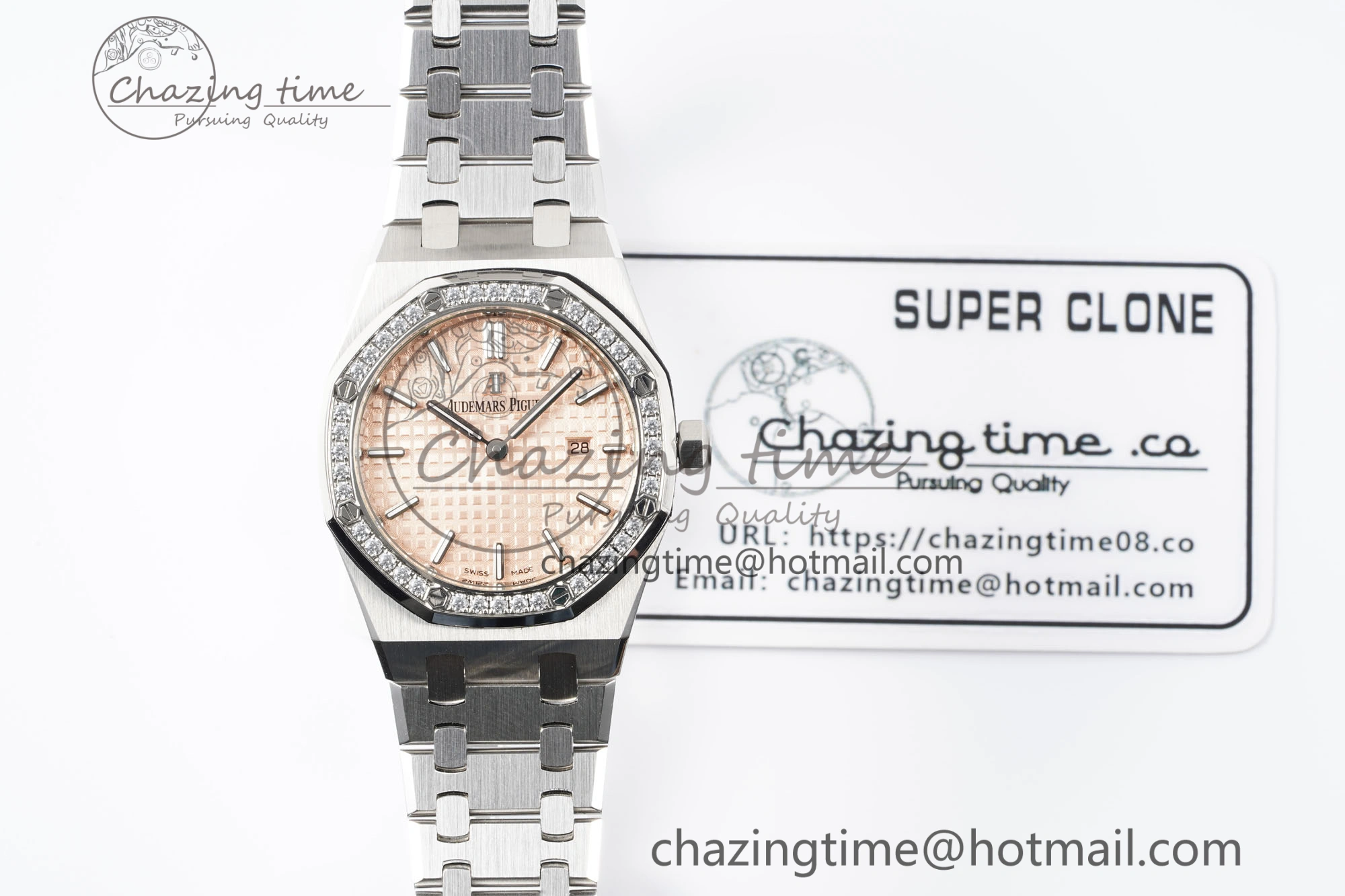 Lady Royal Oak 33mm SS Diamonds Bezel JJF 1:1 Best Edition Cream Dial on SS Bracelet ETA Quartz Stretchable 10143
