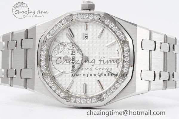 Lady Royal Oak 33mm SS Diamonds Bezel JJF 1:1 Best Edition White Dial on SS Bracelet ETA Quartz Upgraded 10146
