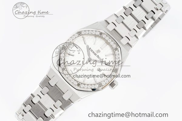 Lady Royal Oak 33mm SS Diamonds Bezel JJF 1:1 Best Edition White Dial on SS Bracelet ETA Quartz Upgraded 10146