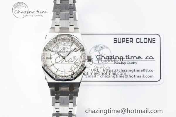 Lady Royal Oak 33mm SS Diamonds Bezel JJF 1:1 Best Edition White Dial on SS Bracelet ETA Quartz Upgraded 10146