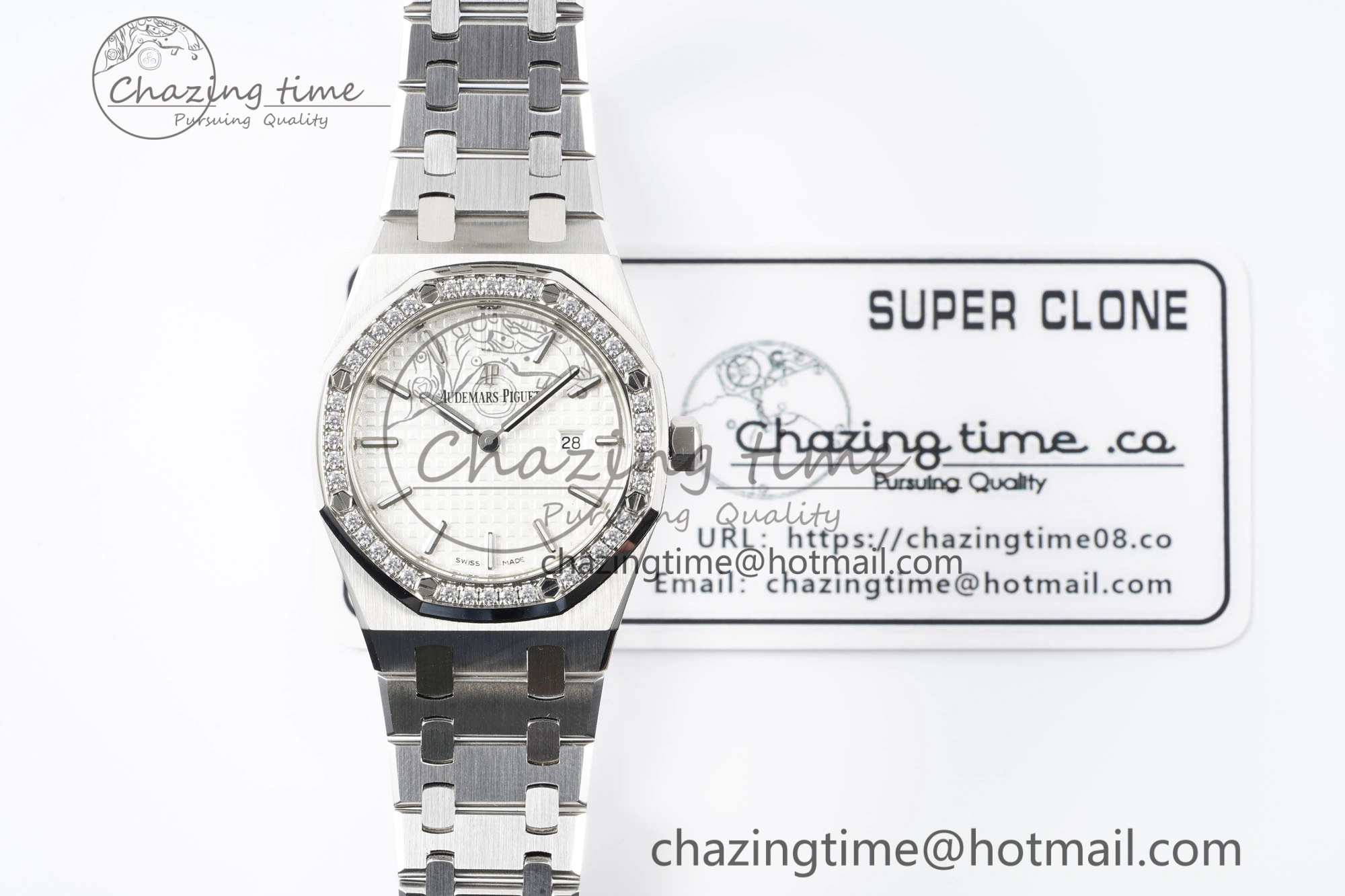 Lady Royal Oak 33mm SS Diamonds Bezel JJF 1:1 Best Edition White Dial on SS Bracelet ETA Quartz Upgraded 10146