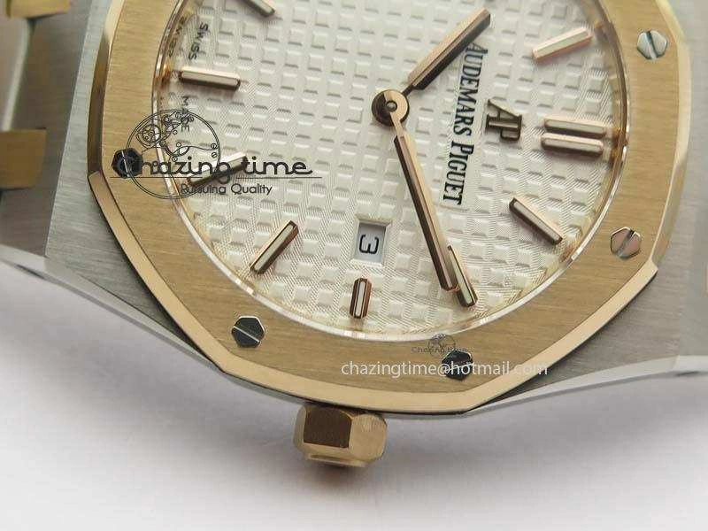 Seasonal Lady Royal Oak 33mm SS JF 1:1 Best Edition RG Bezel Silver Textured Dial On SS RG Bracelet Swiss Quartz 5039