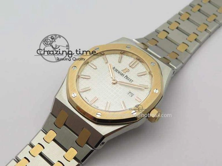 Seasonal Lady Royal Oak 33mm SS JF 1:1 Best Edition RG Bezel Silver Textured Dial On SS RG Bracelet Swiss Quartz 5039
