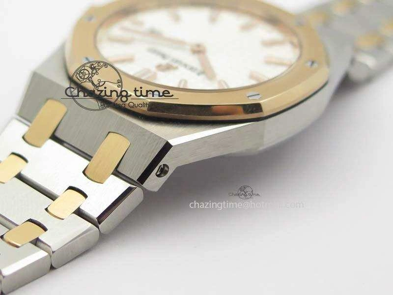 Seasonal Lady Royal Oak 33mm SS JF 1:1 Best Edition RG Bezel Silver Textured Dial On SS RG Bracelet Swiss Quartz 5039