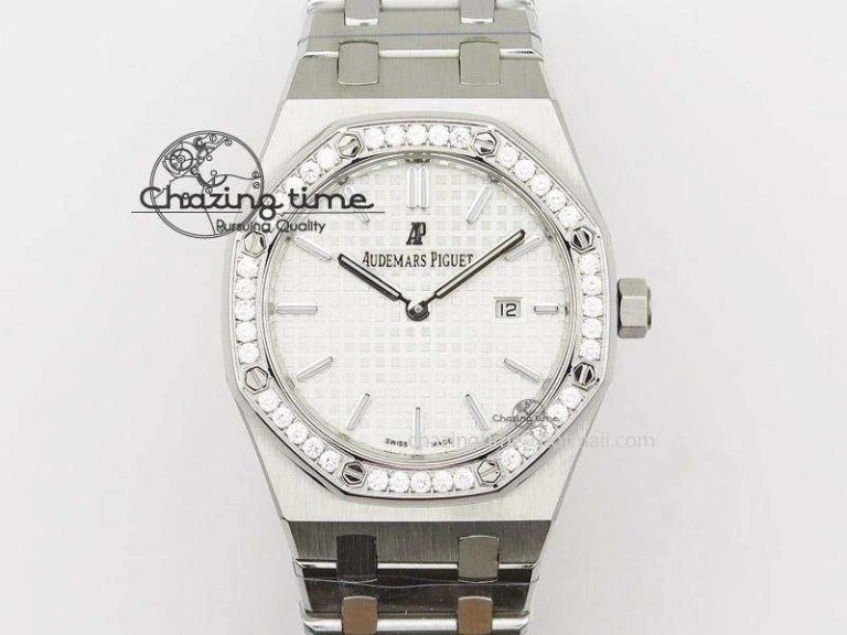 Lady Royal Oak 33mm SS White Textured Dial Diamonds Bezel on bracelet RONDA Quartz Trendy 5142
