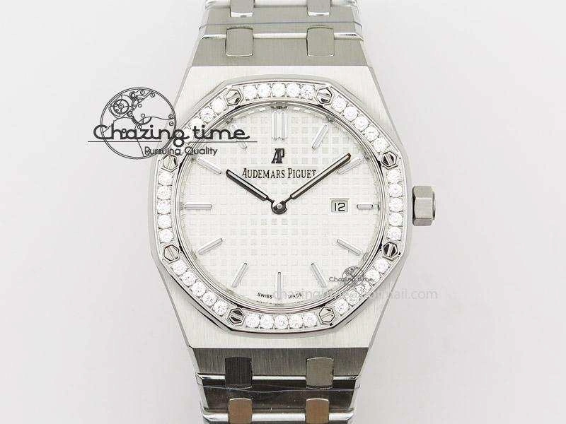 Lady Royal Oak 33mm SS White Textured Dial Diamonds Bezel on bracelet RONDA Quartz Trendy 5142