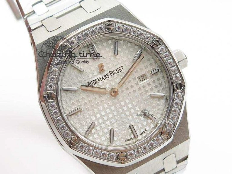 Lady Royal Oak 33mm SS White Textured Dial Diamonds Bezel on bracelet RONDA Quartz Trendy 5142