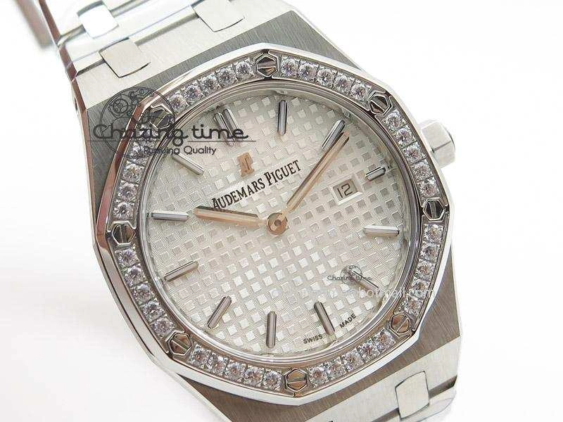 Lady Royal Oak 33mm SS White Textured Dial Diamonds Bezel on bracelet RONDA Quartz Trendy 5142