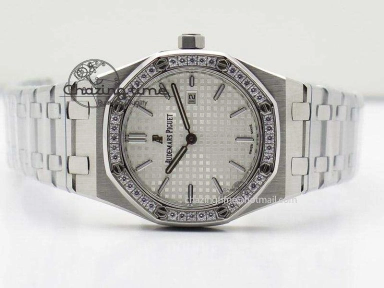 Lady Royal Oak 33mm SS White Textured Dial Diamonds Bezel on bracelet RONDA Quartz Trendy 5142