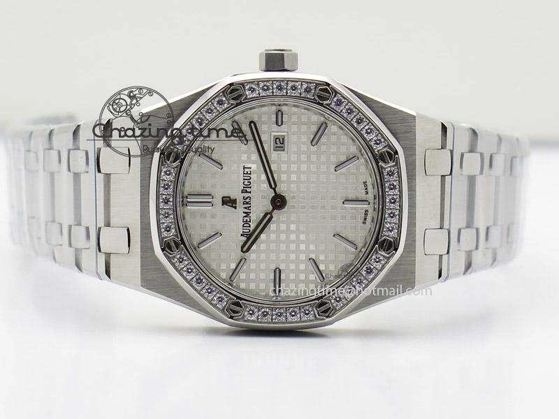 Lady Royal Oak 33mm SS White Textured Dial Diamonds Bezel on bracelet RONDA Quartz Trendy 5142