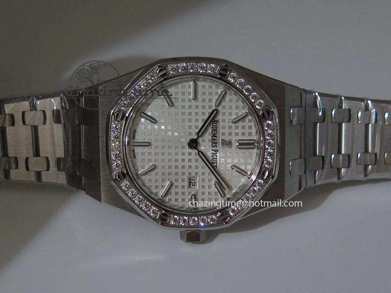 Lady Royal Oak 33mm SS White Textured Dial Diamonds Bezel on bracelet RONDA Quartz Trendy 5142