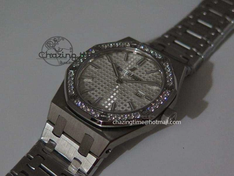 Lady Royal Oak 33mm SS White Textured Dial Diamonds Bezel on bracelet RONDA Quartz Trendy 5142