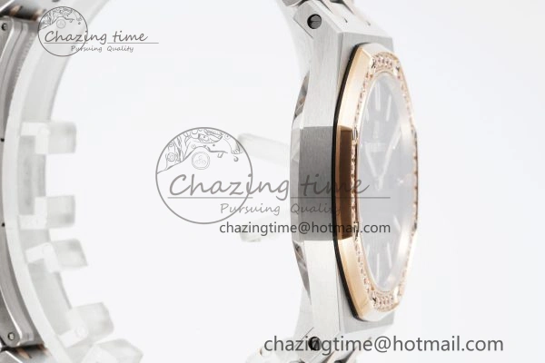 Lady Royal Oak 33mm SS RG Diamonds Bezel JJF 1:1 Best Edition Black Dial on SS RG Bracelet ETA Quartz MultiPurpose 4643